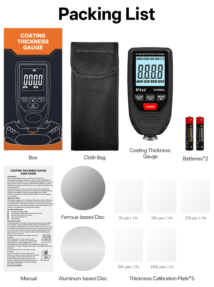 VC998A coating thickness gauge package and acceccory