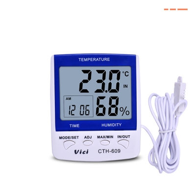 CTH-609 Indoor/Outdoor Digital Thermo Hygro Meter, Long distance outdoor temperature testing, Clock/Date function, Max/Min temperature humidity memory functions.
